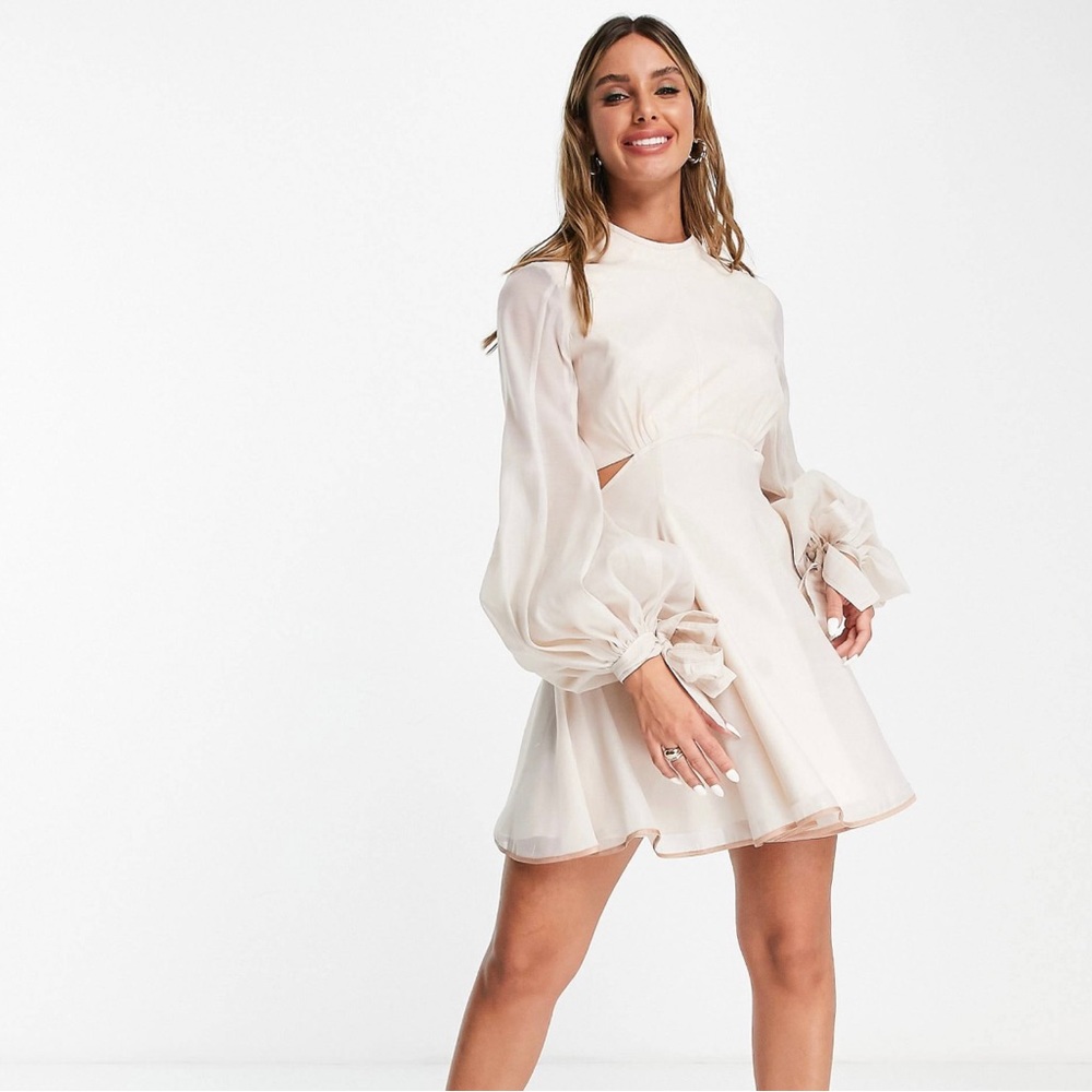 ASOS DESIGN voile mini dress with Blouson Sleeve and cuff tie detail